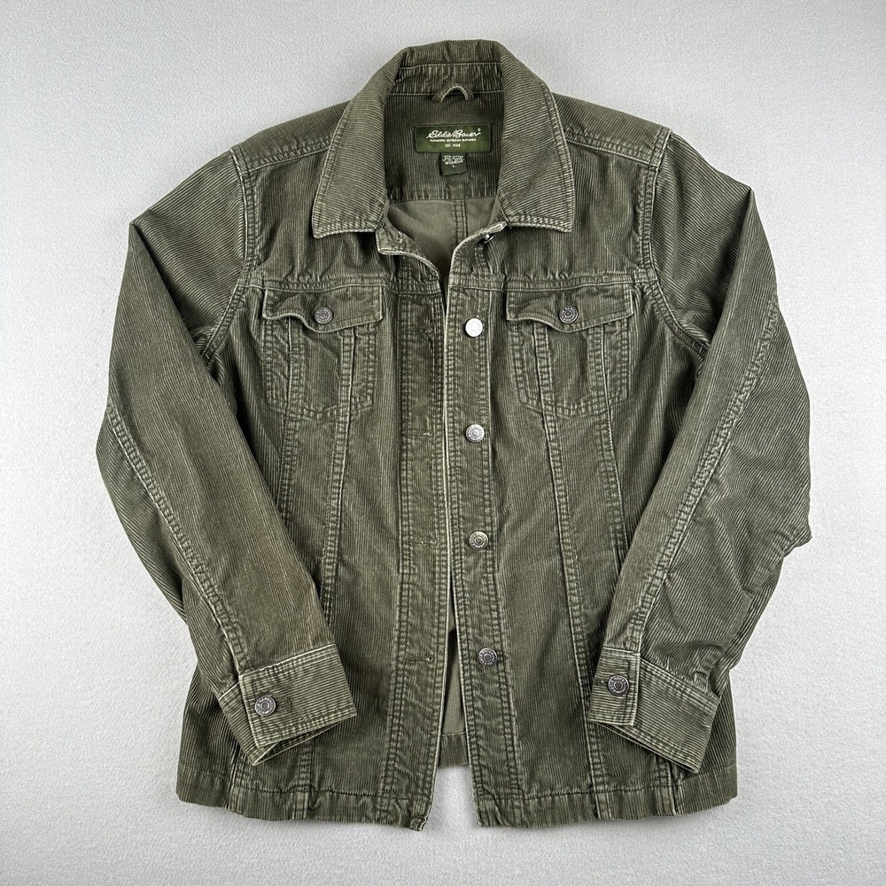 Eddie Bauer Women's L Corduroy Coat Olive Pockets Button Up Chore Barn Preppy